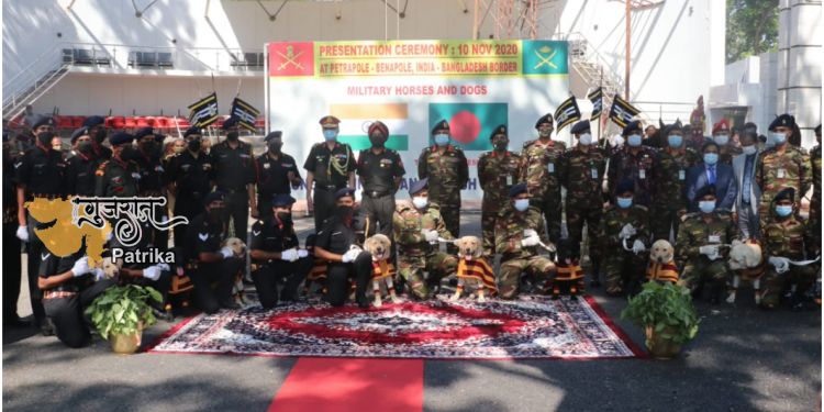 भारतीय सेना ने पूरी तरह से प्रशिक्षित 20 सैन्य घोड़ों और 10 बारूदी सुरंग का पता लगाने वाले कुत्तों को बांग्लादेश सेना को सौंपा