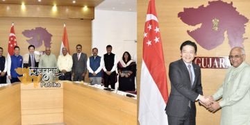 मुख्यमंत्री श्री भूपेंद्र पटेल के साथ सिंगापुर के उप प्रधान मंत्री श्री लॉरेंस वोंग का गांधीनगर में शिष्टाचार भेंट