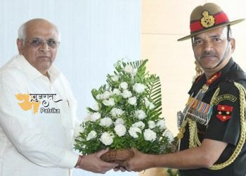 मुख्यमंत्री श्री भूपेंद्र पटेल जनरल ऑफिसर कमांडिंग इन चीफ सार्जेंट कमांड भारतीय थल सेना के लेफ्टिनेंट जनरल अजय कुमार सिंह की सौजन्य यात्रा